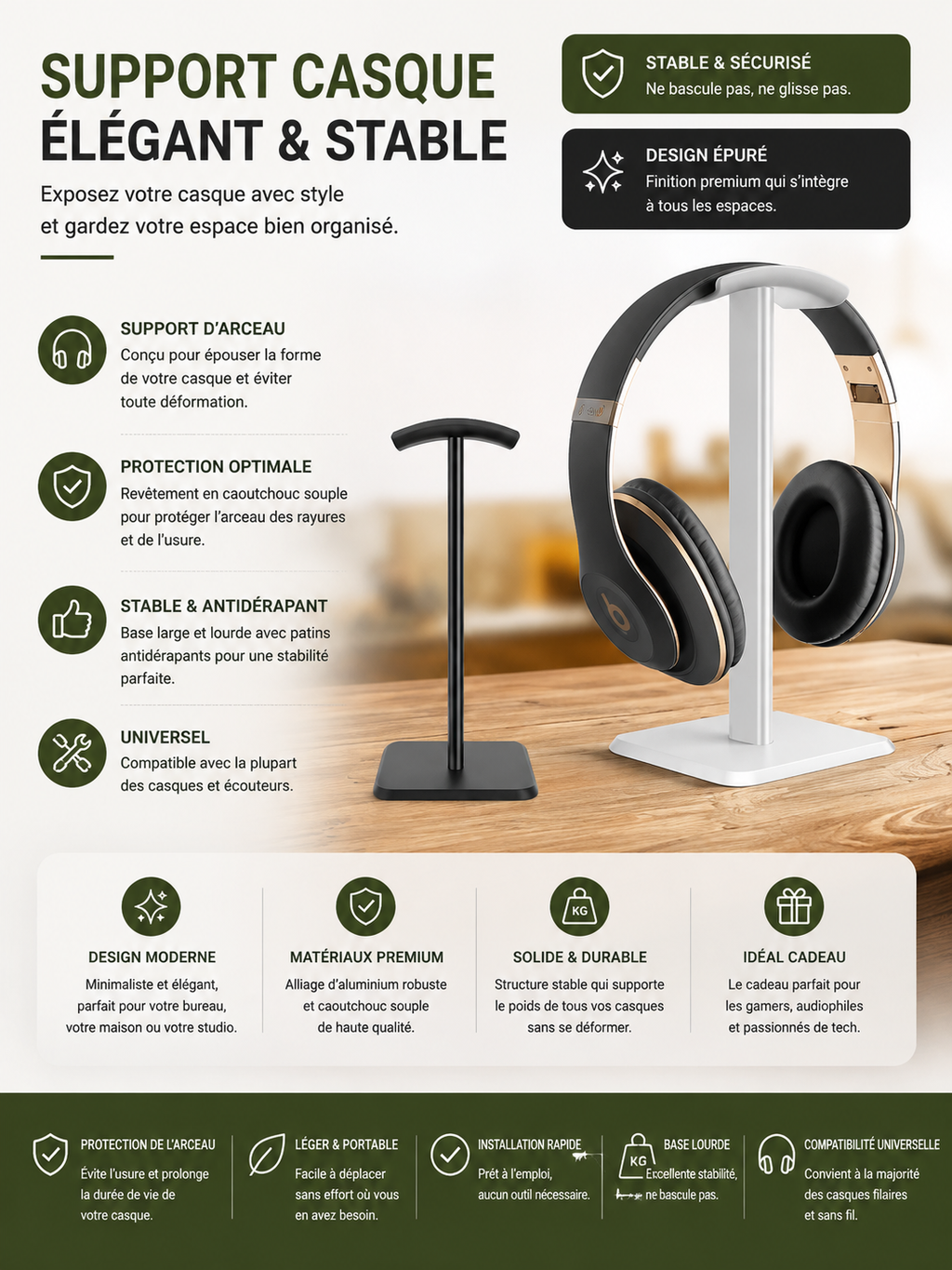 Support Casque Premium – Stable, Élégant & Gain de Place
