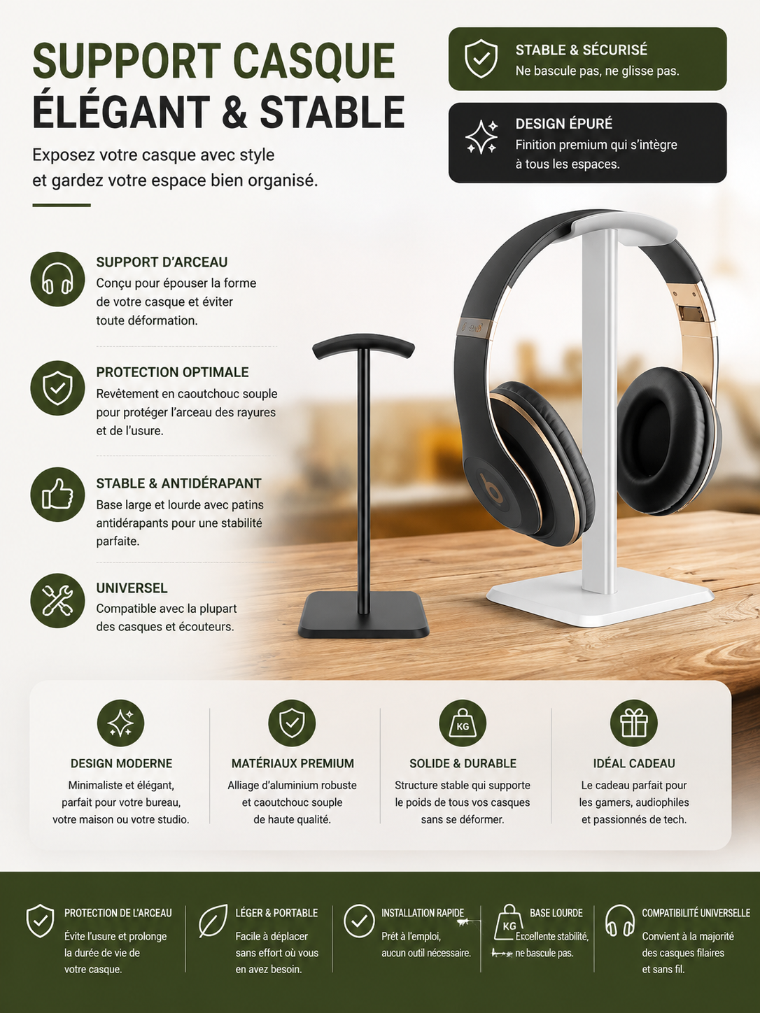 Support Casque Premium – Stable, Élégant & Gain de Place