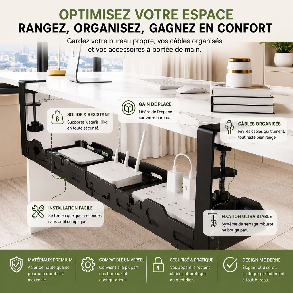Organisateur de câbles sous bureau extensible