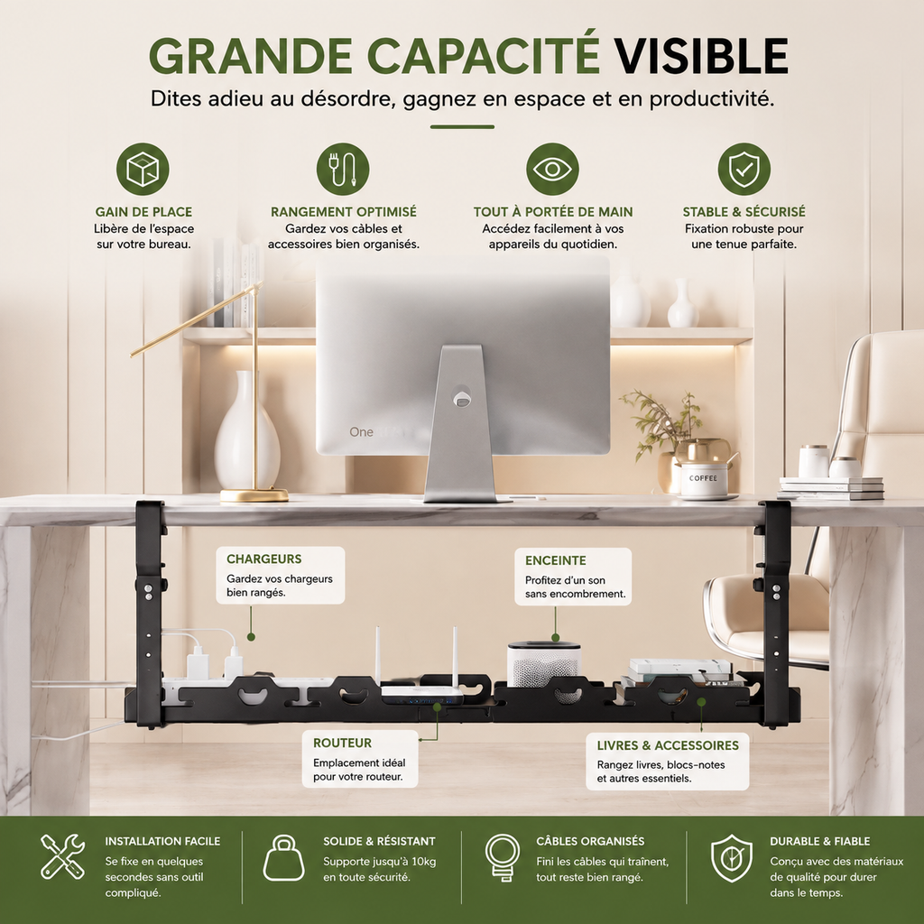 Organisateur de câbles sous bureau extensible