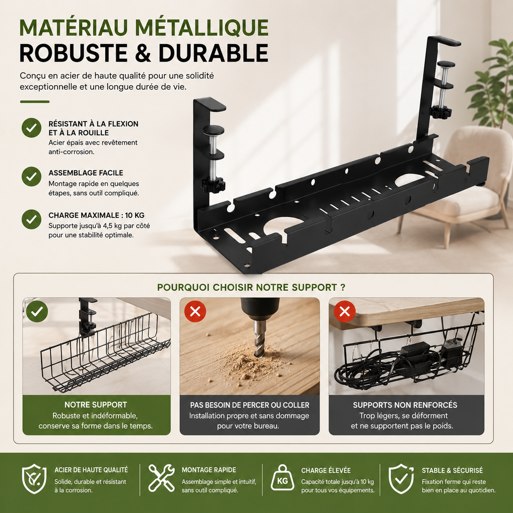 Organisateur de câbles sous bureau extensible
