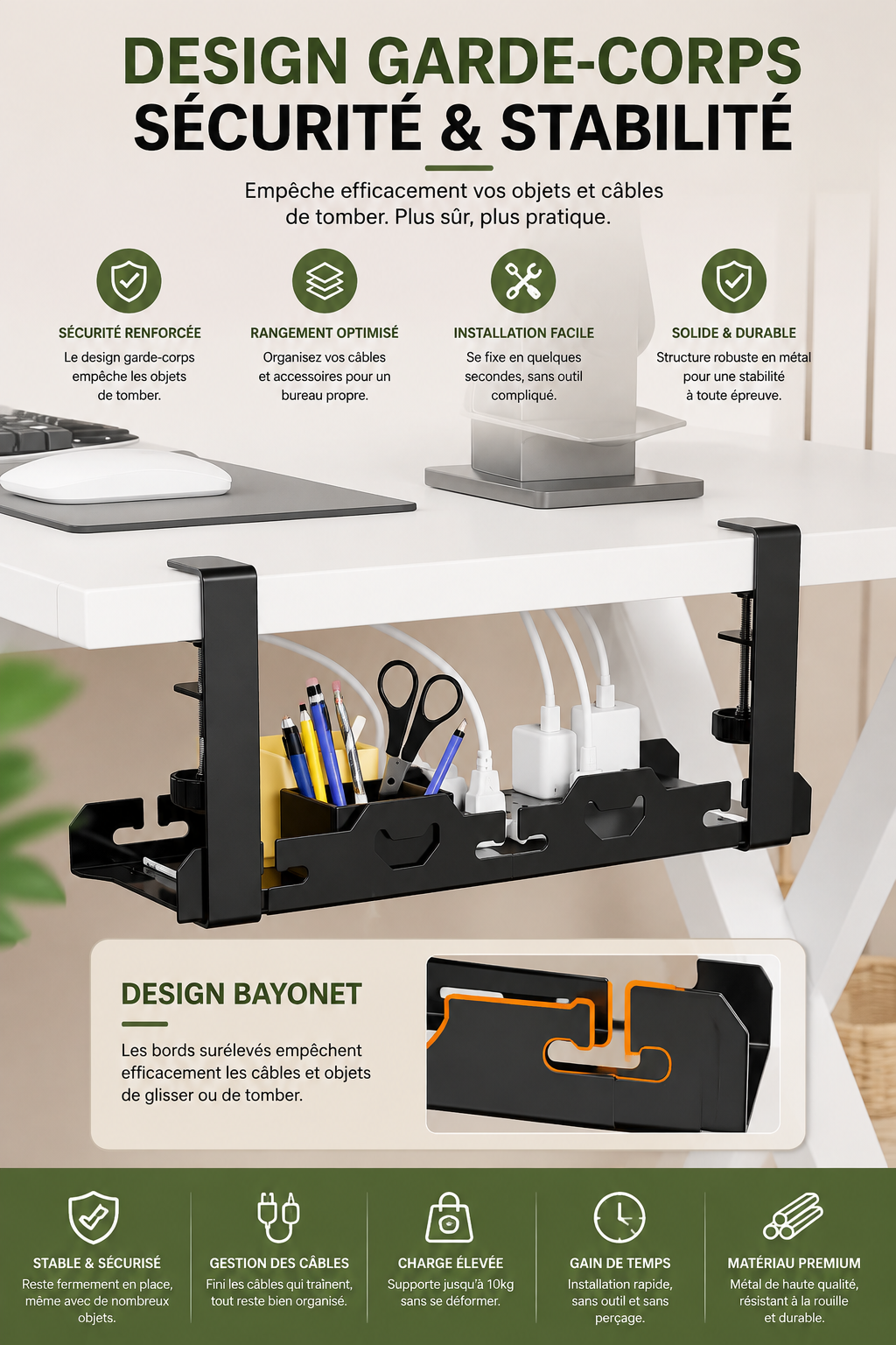 Organisateur de câbles sous bureau extensible