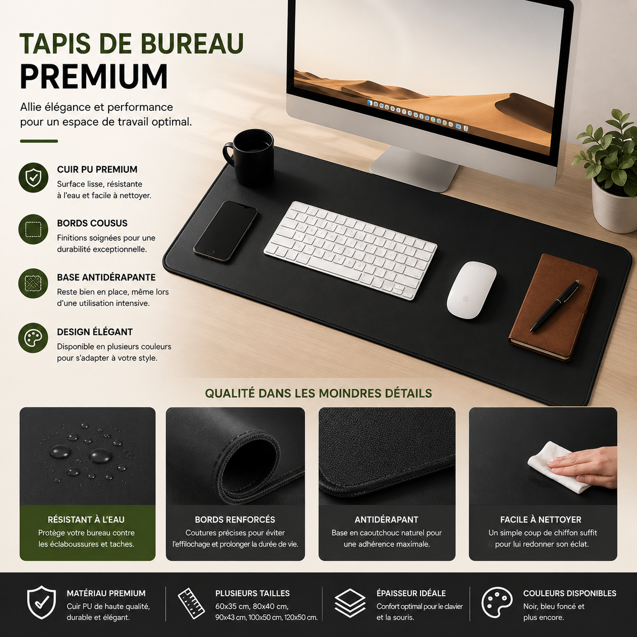 Tapis de Bureau Premium 90 × 43 cm – Antidérapant & Imperméable
