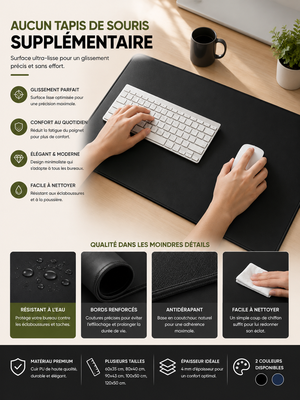 Tapis de Bureau Premium 90 × 43 cm – Antidérapant & Imperméable