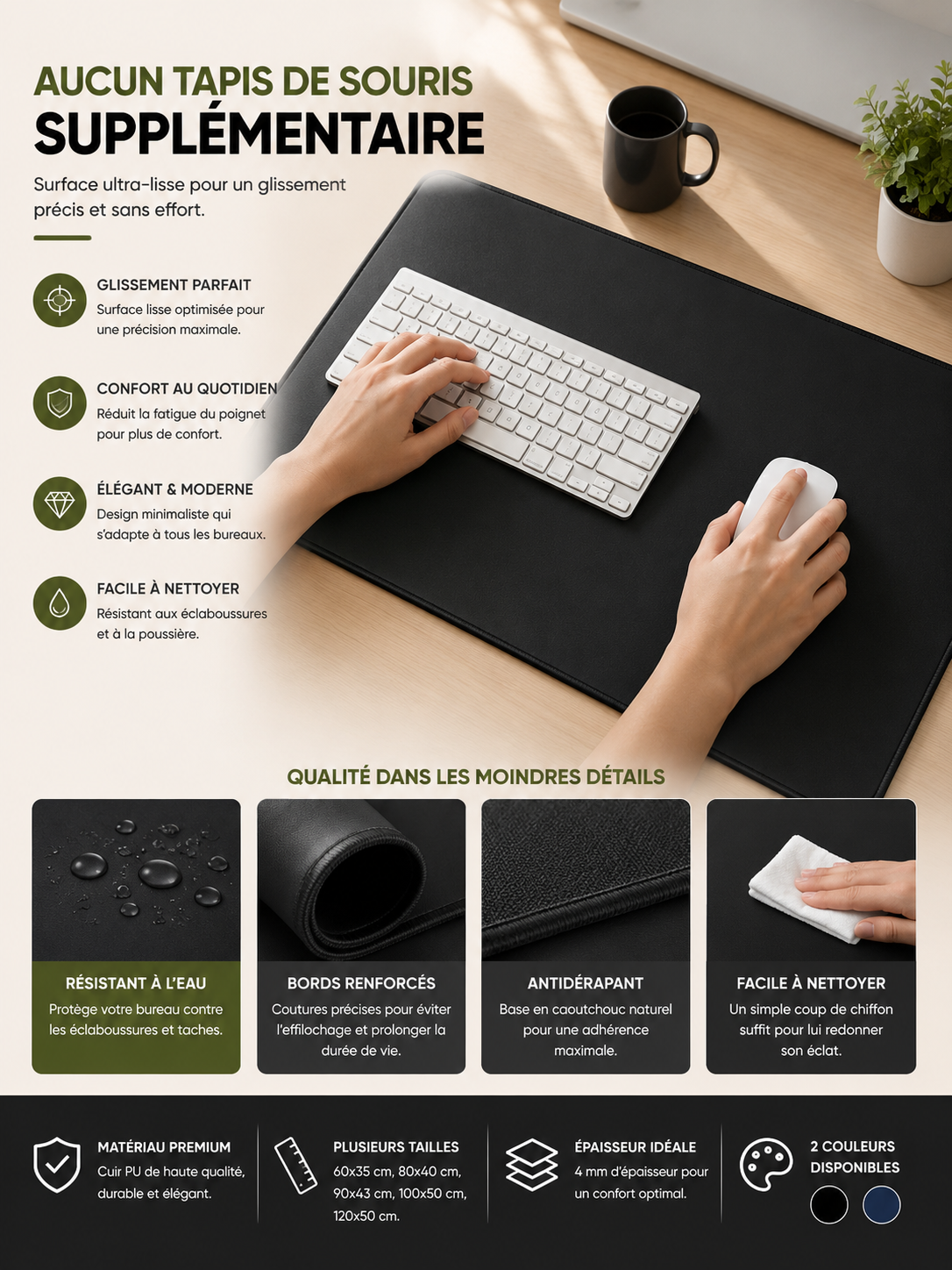 Tapis de Bureau Premium 90 × 43 cm – Antidérapant & Imperméable
