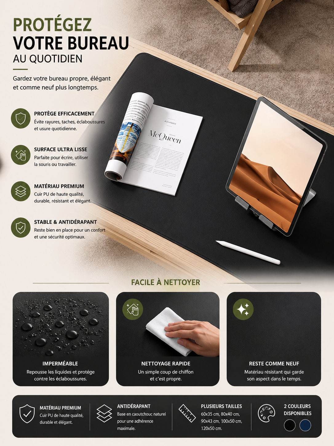 Tapis de Bureau Premium 90 × 43 cm – Antidérapant & Imperméable